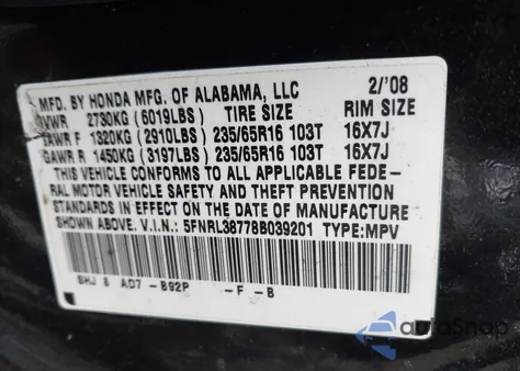 2008 Honda Odyssey Ex-L z USA, uszkodzony, nr VIN 5FNRL38778B039201